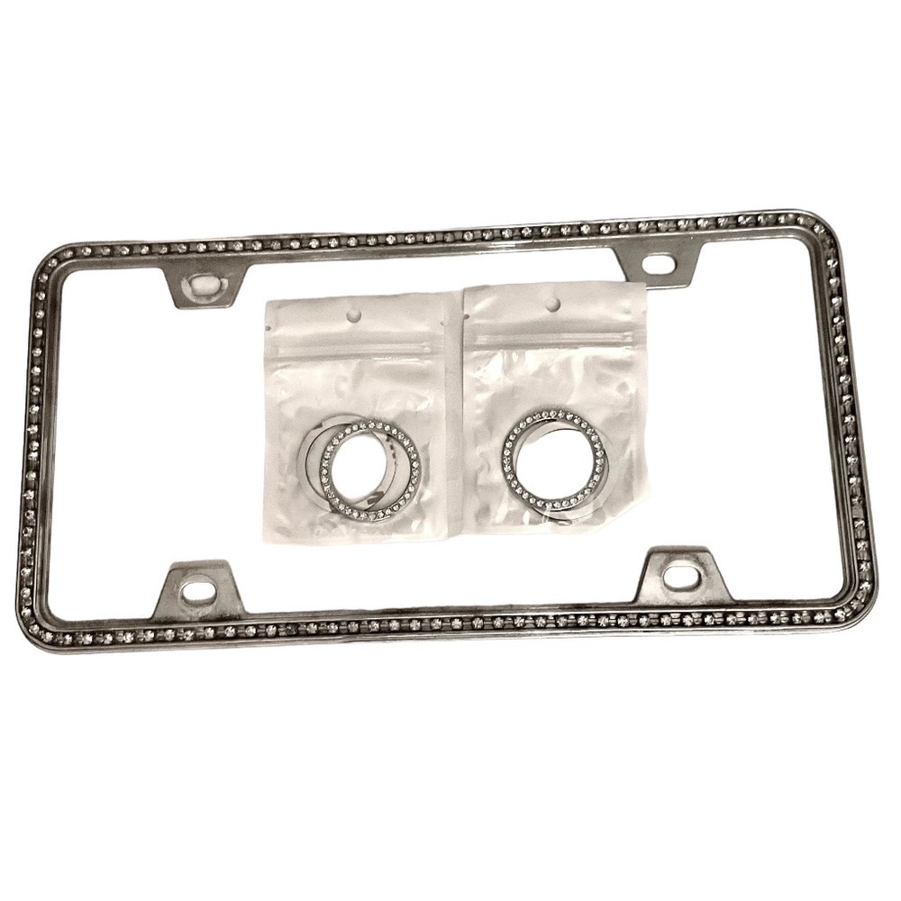 Bling your Car! Rhinestone License Plate Frame and Two Stick on Interior Rings